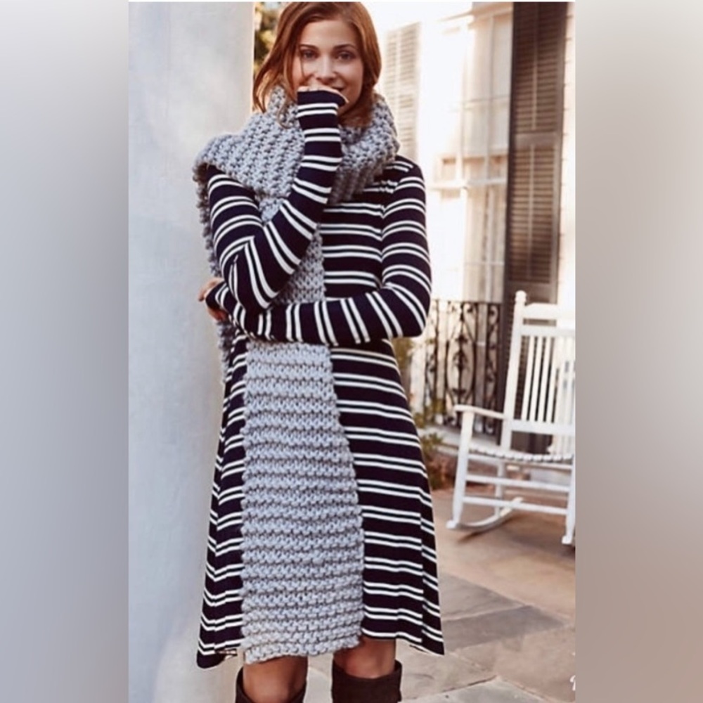 Maeve Anthropologie Turtleneck Tunic Swing Dress, Navy Blue White Stripe, Small